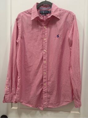 Classic Ralph Lauren Pink and White Striped Button-Down Shirt